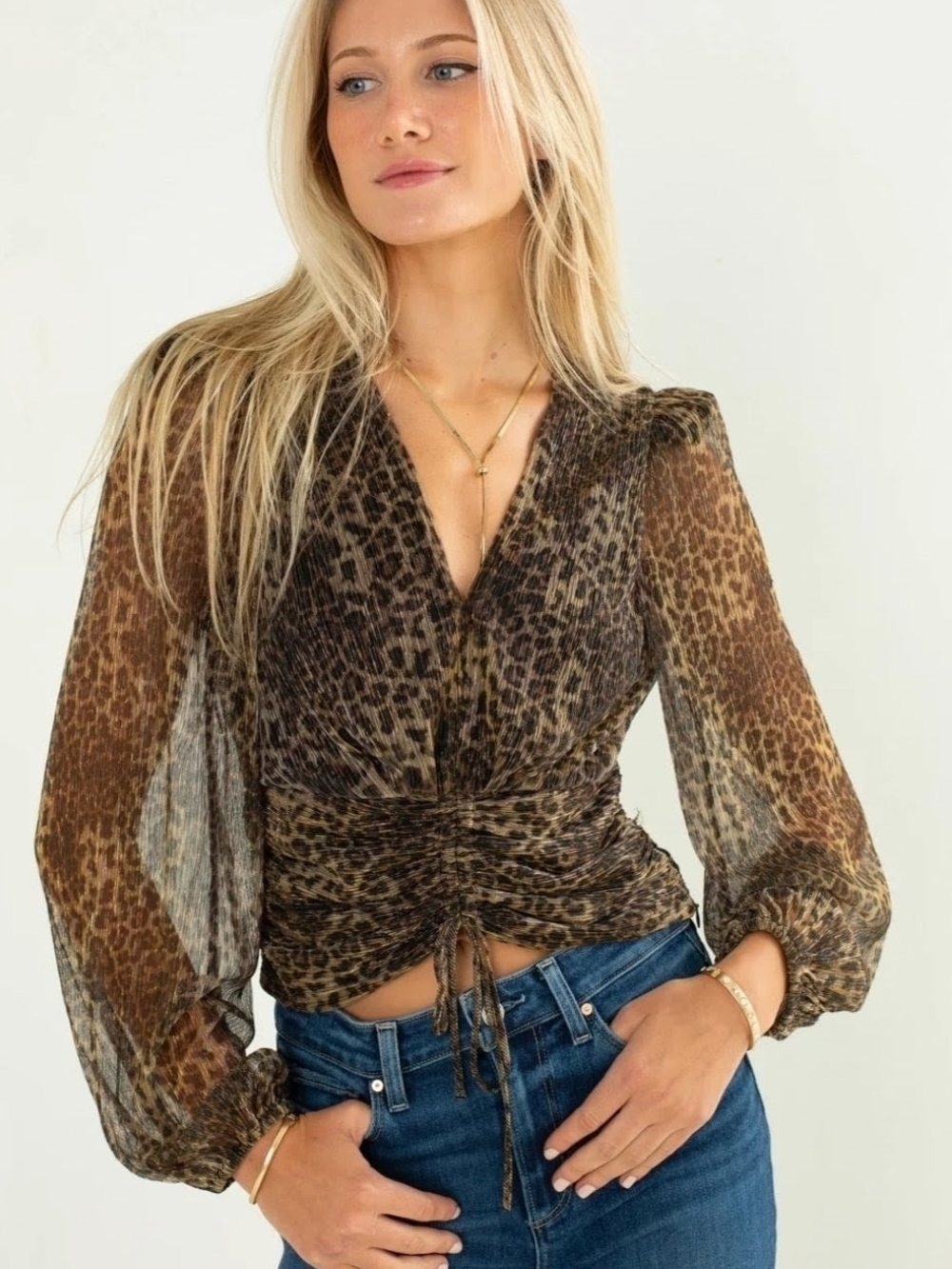 Astr The Label Braydon Metallic Leopard Print Plisse Ruched Drawstring Blouse L